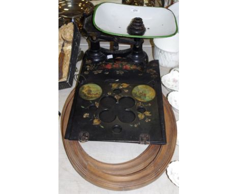 Boxes and objects - a late Victorian papier mache letter holder decorated with Continental scenes; a pair of ribbon tied fram