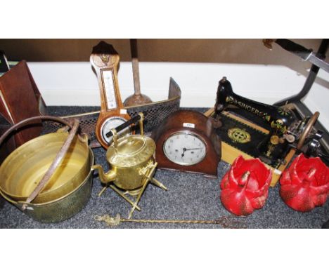 Boxes &amp; objects - a pair of brass jam pans; a brass spirit kettle; a Singer sewing machine serial no. F6099807; an early 