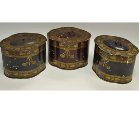 Peak Frean & Co Ltd - an early 20th century fluted oval tea caddy, brass axe head handle, printed in gilt with bands of styli