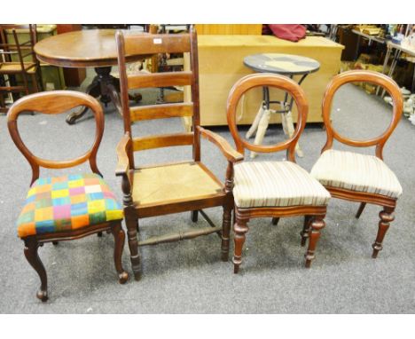 Two Victorian mahogany balloon back dining chairs, serpentine seats turned forelegs; another cabriole legs; an oak ladder bac