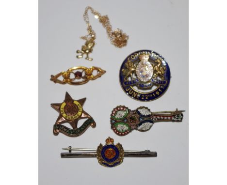 A George V coronation enamel badge; a 9ct gold necklace; a mirco-mosaic brooch etc.