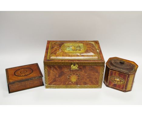 Terry's York - an Edwardian novelty confectionary tin. in the form of a George III burr yew work box, hinged domed cover prin