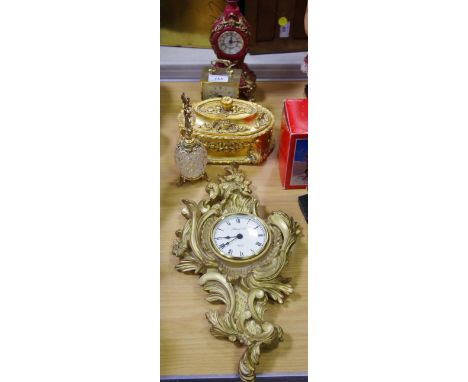 A Histoy Craft Louis XVI style cartouche wall clock;  a Dominion carriage clock;  a Louis XVI cartouche clock;   a gilt and c