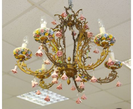 Ornate French gilt metal and enamel chandelier, with wall sconces (3)