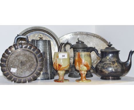 A silver plated coffee pot, J.H. Potter, Sheffield; a silver plated teapot and hot water pot; silver plated trays; a pair of 