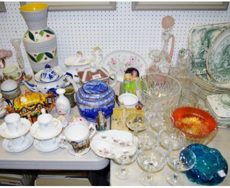 A cut glass square whiskey decanter with stopper; a cut glass pedestal bowl; a carnival glass bowl; 4 Royal Worcester coffee 