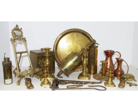 Metalware - an early 20th century brass Salter meat jack with its key and wall bracket; George III brass chamber stick; other