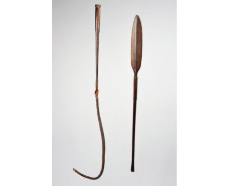 A Zulu whip South Africa the handle inlaid lead including an R to the terminal, with a plaited leather thong, 108cm long, and