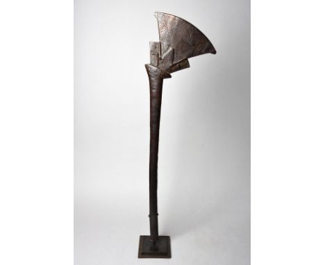 A Fiji dance club gugu Melanesia with an angled stylised head carved with a raised butterfly fish and linear decoration to bo