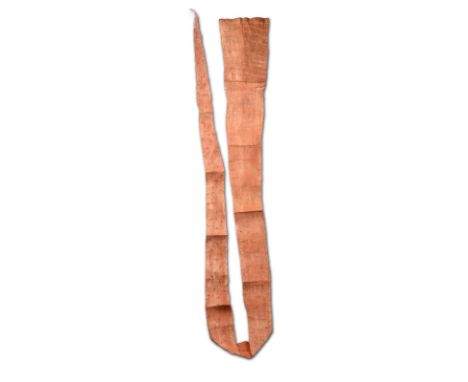 A New Britain man's barkcloth loin cloth Melanesia with a red pigment and with a stitched paper label numbered 48 over a prev