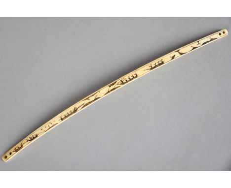 λAn Inuit bow drill Arctic, 19th century walrus ivory, each end with two holes for line attachment, the three planes engraved
