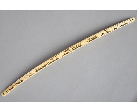 λAn Inuit bow drill Arctic, 19th century walrus ivory, each end with two holes for line attachment, the three planes engraved