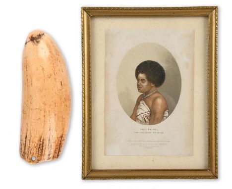 λA Fiji tabua ornament Melanesia sperm whale tooth, with pierced suspension holes and scratch letters NAT..O and DOWII, 19th 