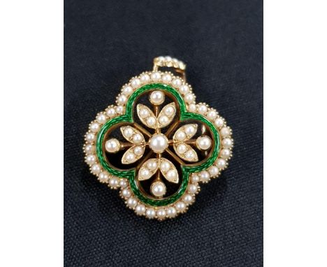 ANTIQUE 15 CARAT GOLD SEED PEARL AND ENAMEL BROOCH 