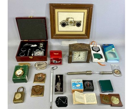 MIXED COLLECTABLES including an altimeter barometer, small mantel clock, Ronson table lighter, Bosun's whistle, perpetual cal