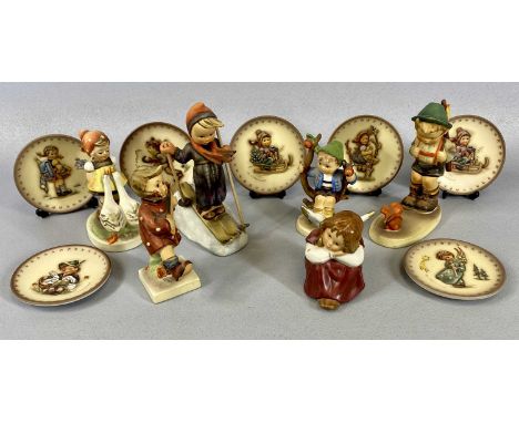 COLLECTION OF SIX HUMMEL FIGURES, including Skier, Happiness, Sensitive, Hunter and Goose Girl with seven Hummel miniature ye