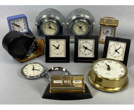 GROUP OF CLOCKS including mantel, travel, vintage desk calendar, the clocks all quartz movements, to include a pair of white 