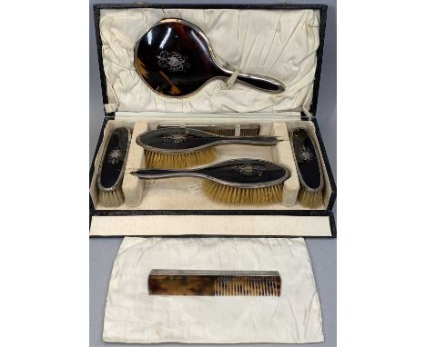 CASED SIX PIECE SILVER & TORTOISESHELL HAND MIRROR, BRUSH & COMB SET, 27.5 (l) x 13.75cms (diam.) the hand mirror, London 192