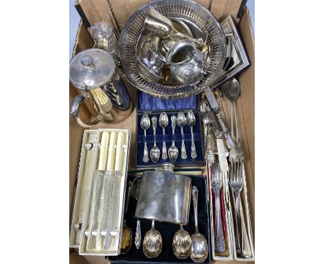 EPNS TABLEWARE & CUTLERY cased. boxed and loose and a swing handle bread basket, curved hip flask etc.Provenance: deceased es