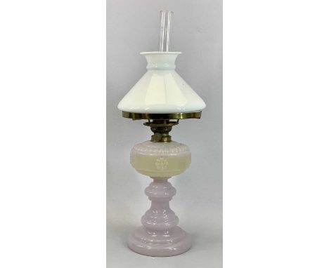 TWO VICTORIAN OIL LAMPS, pink opaque glass oil lamp, Gaudard single burner with conical white opaque glass shade, 58cms (h) a