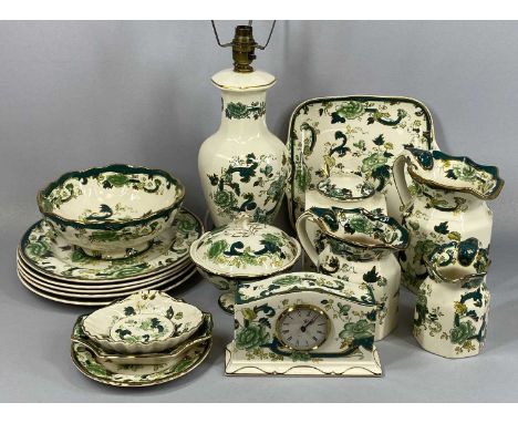 MASONS CHARTREUSE PATTERN IRONSTONE CHINA, a collection including three graduated panelled jugs, 17cms (h the tallest), mante