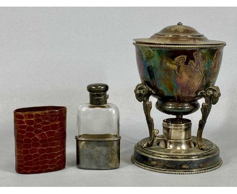 VICTORIAN SILVER PLATED EGG WARMER & A SMALL HIP FLASK, lidded warmer with interior four egg divider, rams head and lions paw