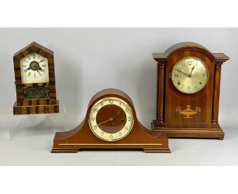 THREE MANTEL CLOCKS including Edwardian inlaid mahogany cased with circular silvered dial with Arabic numerals, eight day mov