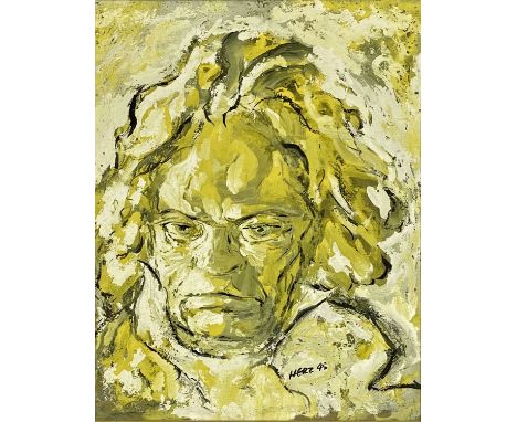 ‡ WALTER HURZ (British 1909-1965) oil and gouache - head and shoulder portrait of Beethoven, signed and dated '45 lower right