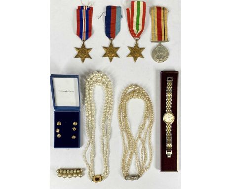 UNMARKED GROUP OF FOUR WWII MEDALS, JEWELLERY & TWO TONE BRACELET WATCH COLLECTION, the medals in original post box addressed