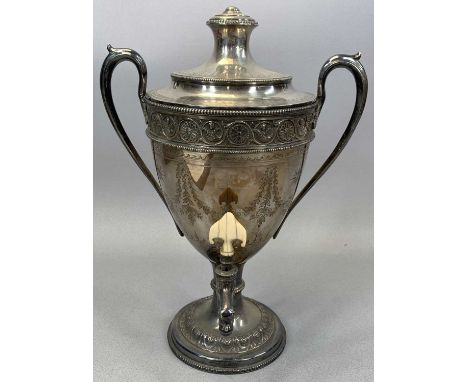 ELKINGTON & CO SILVER PLATED SAMOVAR twin handled classical urn form, embossed and chase decorated, circular base, ivory tap 