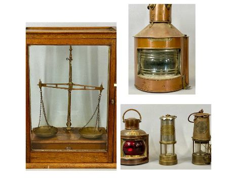 GROUP OF MIXED COLLECTABLES, including chemist's scales glazed mahogany case, 50cms (h), copper ships mast head lamp with fit
