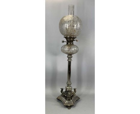 WALKER & HALL SILVER PLATED OIL LAMP, trefoil base, paw feet, stepped platform, three recumbent camels and drapery, acanthus 