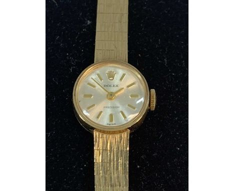 VINTAGE 9CT GOLD ROLEX PRECISION LADIES BRACELET WRISTWATCH, silvered circular dial, gilt baton markers, 18 rubies Rolex stam