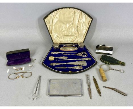 CASED NINE PIECE SILVER LADIES MANICURE SET & OTHER COLLECTABLES, to include pair white metal lorgnettes with slip case, pair