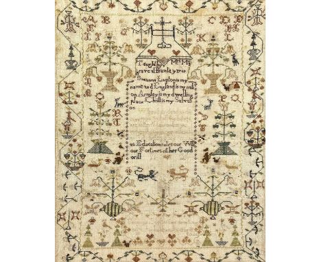 A framed needlepoint sampler by Susanna Lepton, Armley, 19th century, inscribed 'Taught by Mrs Musgrave at Bramley 1709', 73 