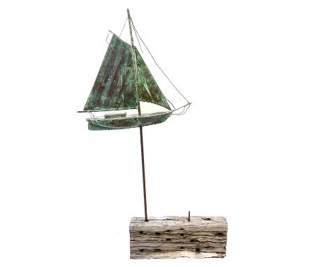 A copper weather vane in the form of a sailing boat,  Size of boat; height 74cm, width 77cm.