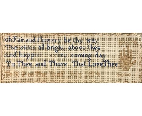 A framed needlepoint sampler. Inscribed and dated '18 July 1954', 'oh fair and flowery be thy way, The skies all bright above