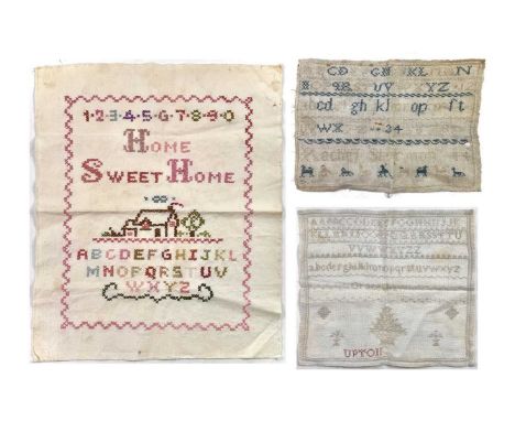 Two Victorian needlework alphabet samplers, one inscribed 'Upton', 20 x 28cm and 27 x 31cm and a 20th century sampler. (3)