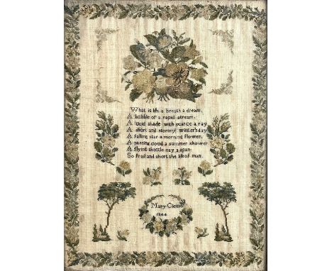 A 19th century woolwork sampler. Dated 1844 by Mary Clemo, with floral sprays and trees, the poem reads 'What is life a breat