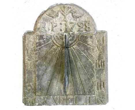A sandstone and lead sundial, inscribed 'R.P. 1798', Height 53cm, width 45cm.