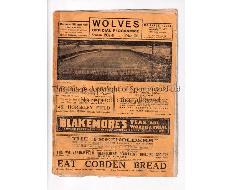 ARSENAL     Programme for the away FA Cup tie v Wolves 22/1/1938, horizontal fold, slightly worn and tape on the spine.    Po