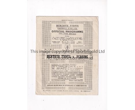 MERTHYR TYDFIL V READING 1946 FA CUP     Programme for the tie at Merthyr 14/12/1946, folded and scores entered.    Fair to g