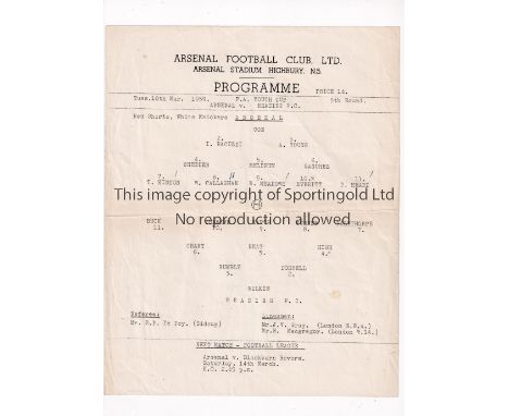 ARSENAL     Single sheet programme for the home FA Youth Cup tie v Reading 10/3/1959, slightly creased and scores entered.   