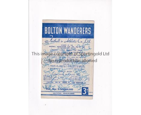 BOLTON WANDERERS 1956 / AUTOGRAPHS     Home programme v Sunderland 5/9/1956 signed on the front cover by 20 Bolton players in
