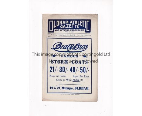 OLDHAM ATHLETIC V STALYBRIDGE CELTIC 1912    Programme for the Central League match at Oldham 23/11/1912, team changes and sc