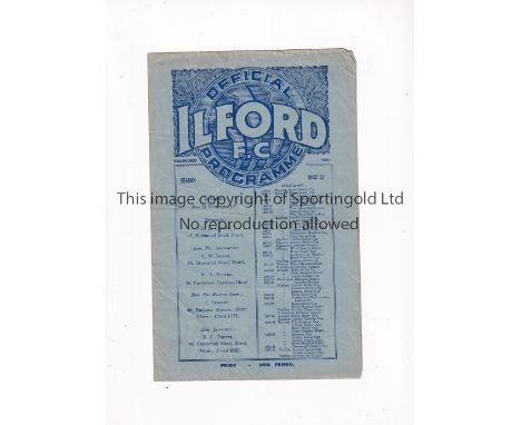 ILFORD      Home London Senior Cup tie programme v Dulwich Hamlet 28/1/1933, slight horizontal creases.    Generally good