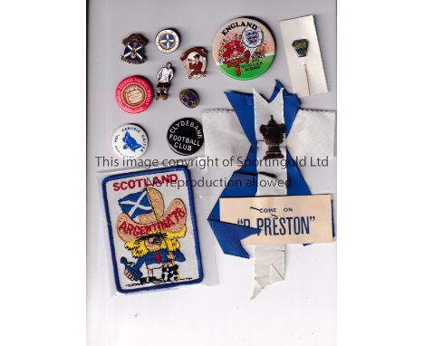 FOOTBALL BADGES     Ten badges plus a denim cloth patch Scotland - Argentina '78 and a 1950's Preston North End rosette. Meta