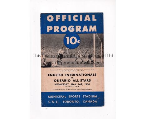 ENGLAND 1950       Ontario All-Stars v England (English Internationals) played 24/5/1950 at Municipal Sports Stadium, Toronto