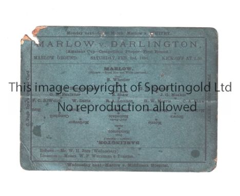 MARLOW V DARLINGTON 1894     Single card programme for the Amateur Cup tie at Marlow in the competition's initial season on 3