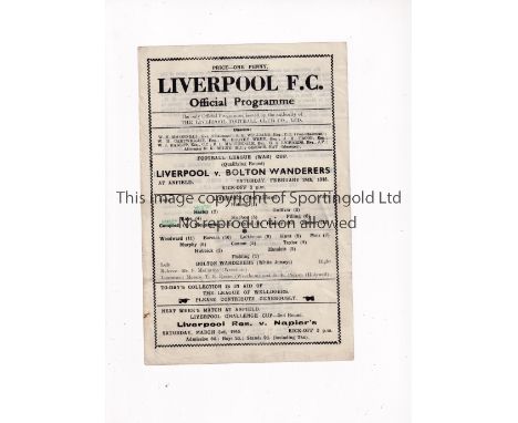 LIVERPOOL     Single sheet home programme for the FL War Cup tie v Bolton Wanderers 24/2/1945, slightly creased and team chan